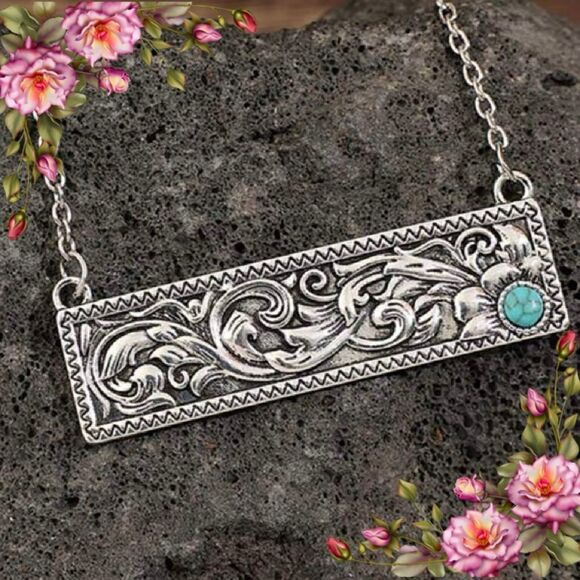 Vintage style Rectangular Fake Turquoise Carving Zinc Alloy Pendant Necklace - Picture 1 of 9